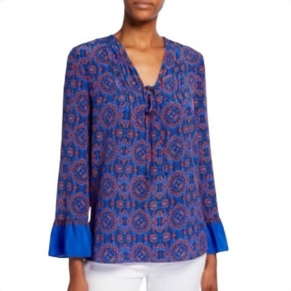 Kobi‎ Halperin Blue Silk Medallion Paisley Flounce Cuff Blouse XXL KU9B05